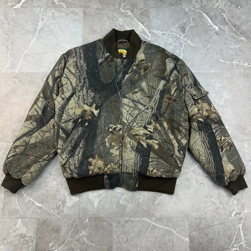 Cabelas Real Tree Hardwoods Camo Bomber Jacket Men Small Goose Down Hunting Coat